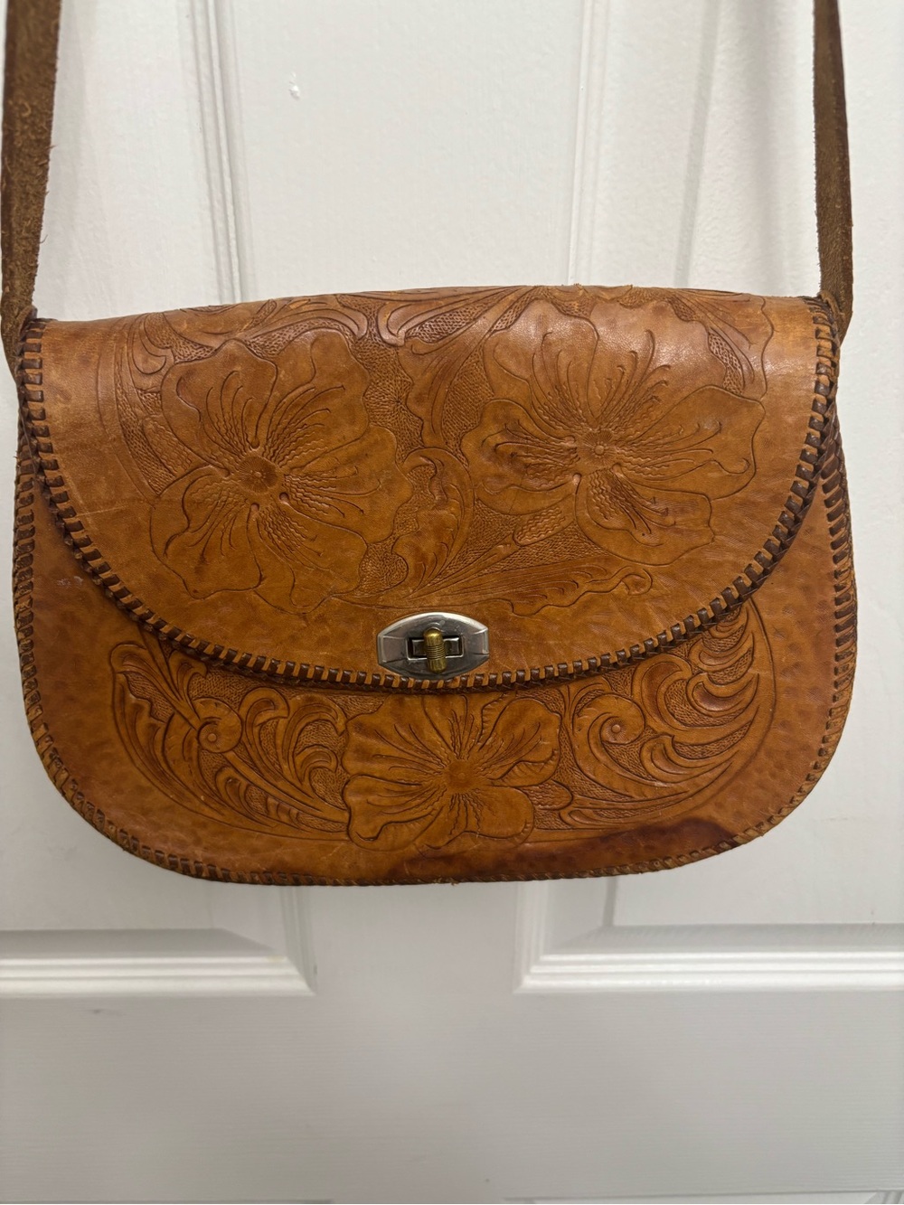 Vintage Hand-Tooled Floral Leather Boho Festival Crossbody Bag - Tan